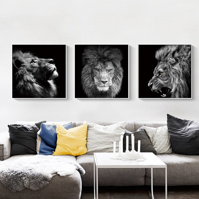 strijd lont uitbarsting leeuw 3 delen voorkant zijkant canvasdoek schilderij poster dieren