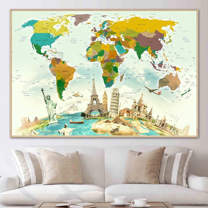 grappige wereldkaart met gebouwen canvasdoek schilderij poster (7 varianten)