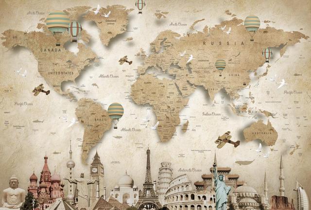 grappige wereldkaart met gebouwen canvasdoek schilderij poster (7 varianten)