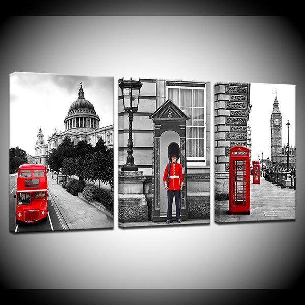 Canvasdoek 3 delen- "Londen" - zwart/wit/rood - 3 verschillende maten