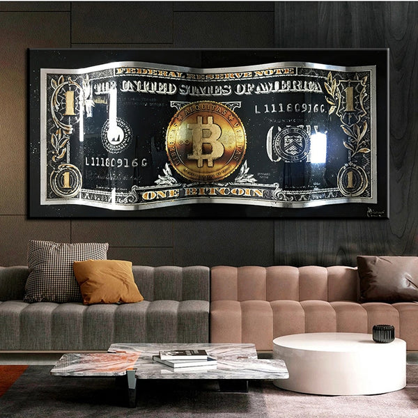 Canvasdoek- "Dollarbiljet Bitcoin"/"Dollarbiljet in de brand" -5 maten