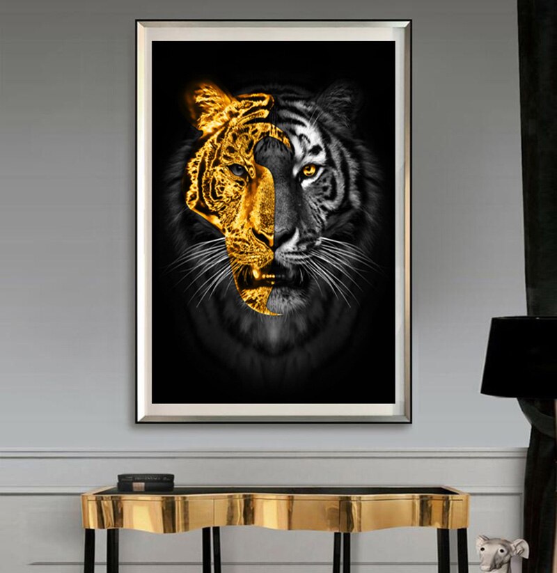 Tijger Canvasdoek - Tijger Schilderij - Tijger Poster - Zwart en goud - Dieren Schilderij