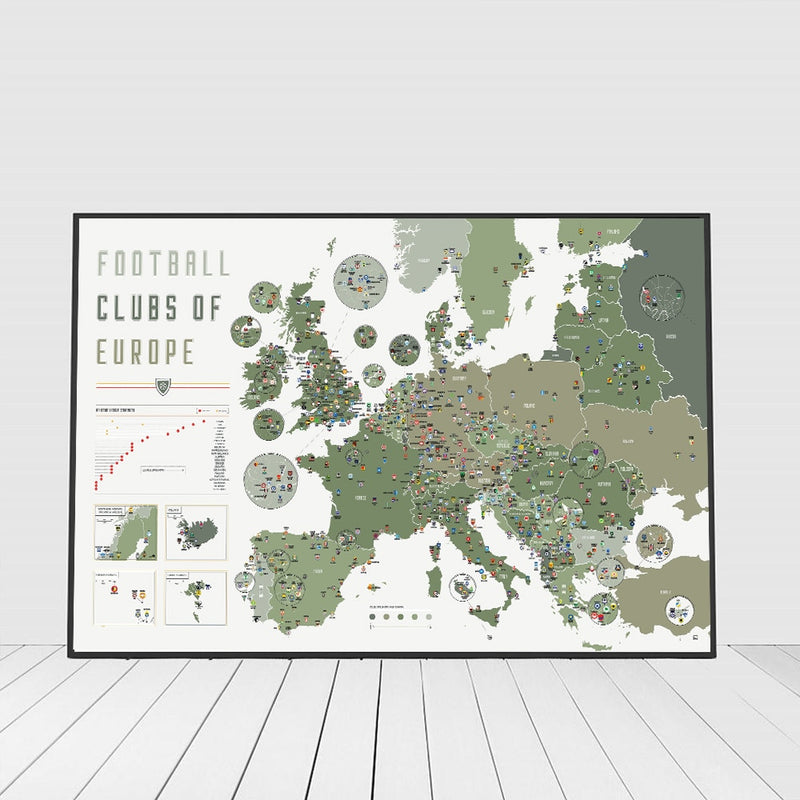 voetbal clubs van Europa canvasdoek wereldkaart schilderij poster
