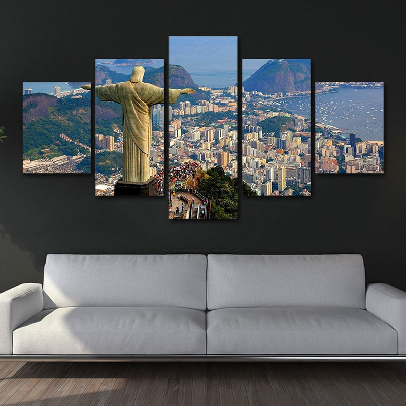 Rio De Janeiro Christusbeeld Canvasdoek- 5 panelen - Rio de Janeiro Schilderij - Poster -