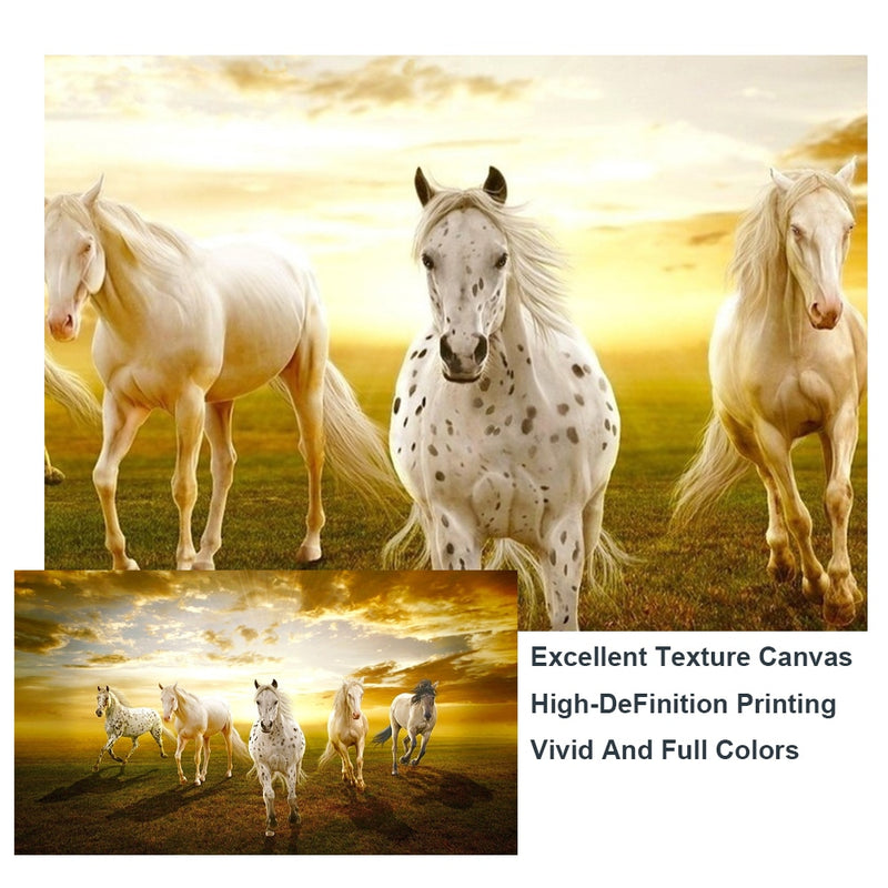Paard Schilderij - Zeven Paarden Lopen op de Grasgrond Canvasdoek - Zonsondergang