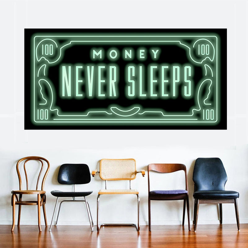 geld slaapt nooit spreuken quotes motivatie canvasdoek schilderij poster