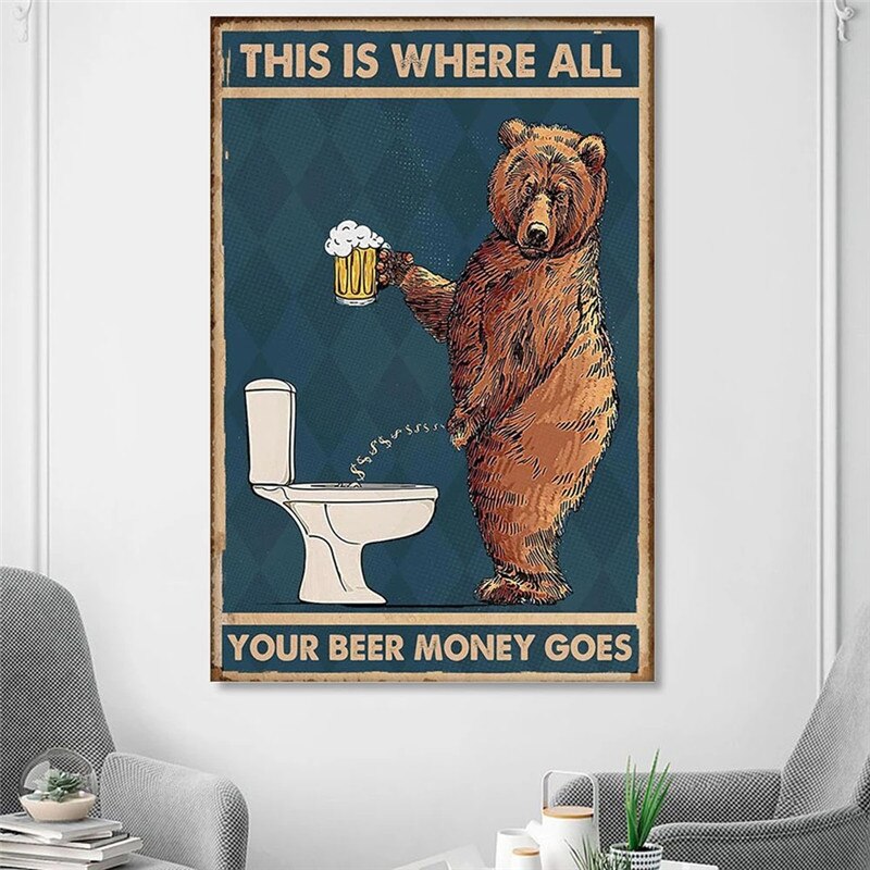 Grappige beer Canvasdoek - Bier drinkende beer  Schilderij - Beer op toilet Schilderij - Vintage