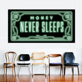 geld slaapt nooit spreuken quotes motivatie canvasdoek schilderij poster