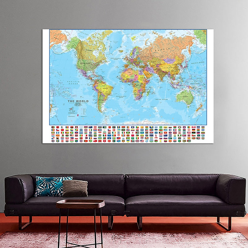 Gedetailleerde wereldkaart politiek canvasdoek schilderij poster wereldmap