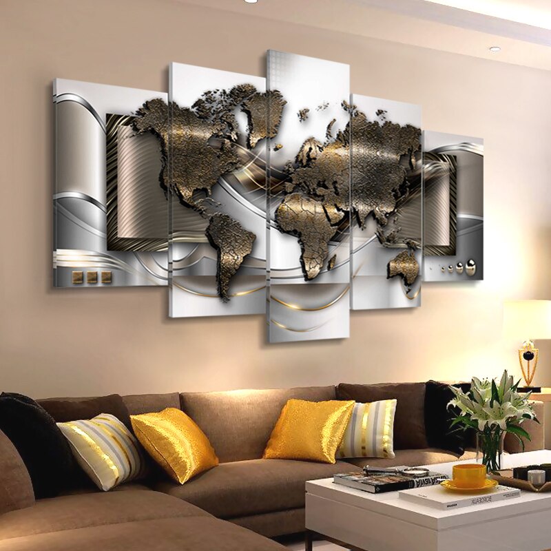 Canvasdoek - wereldkaart  - Schilderij - de wereld - Wereldkaart , zwart , beige , 5 delen Premium print voor slaapkamer en woonkamer, wanddecoratie
