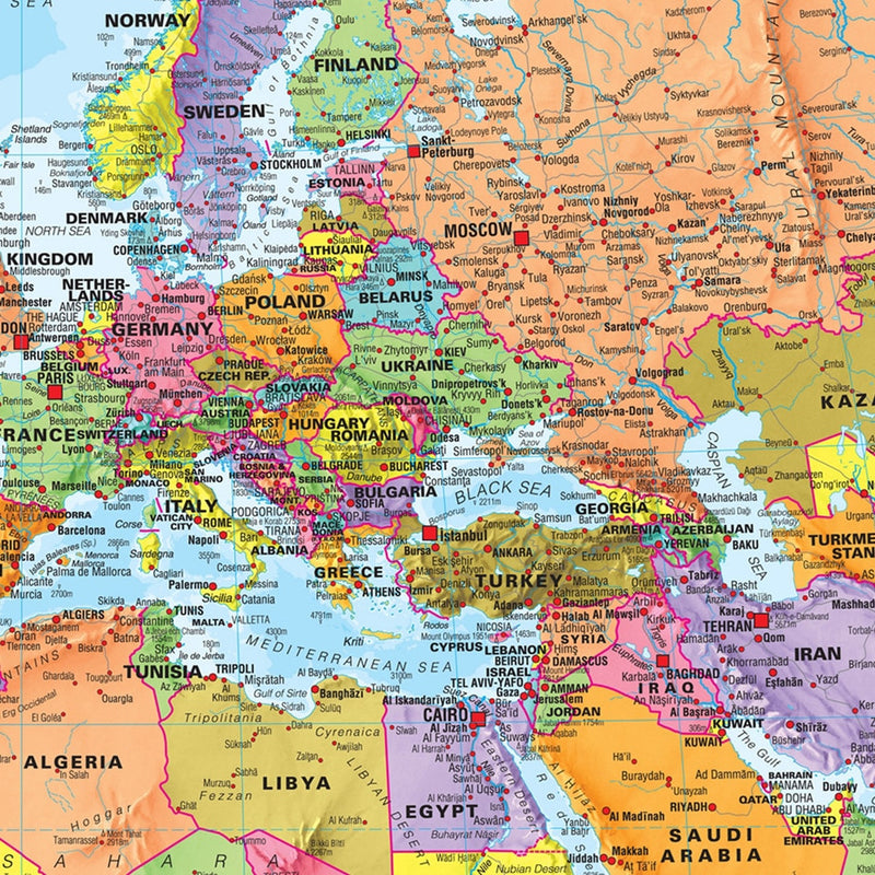 Gedetailleerde wereldkaart geografisch canvasdoek schilderij poster wereldmap