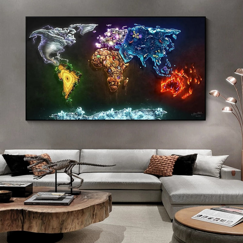 Gekleurde wereldkaart canvasdoek schilderij poster