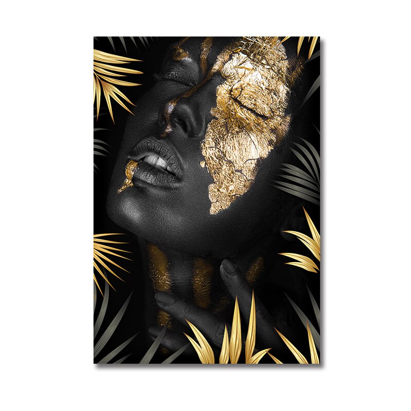 Goud en zwart Afrikaanse vrouw model canvasdoek schilderij poster