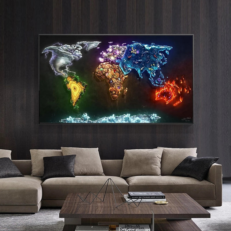 Gekleurde wereldkaart canvasdoek schilderij poster