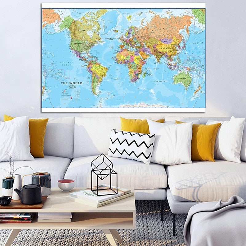 Gedetailleerde wereldkaart geografisch canvasdoek schilderij poster wereldmap