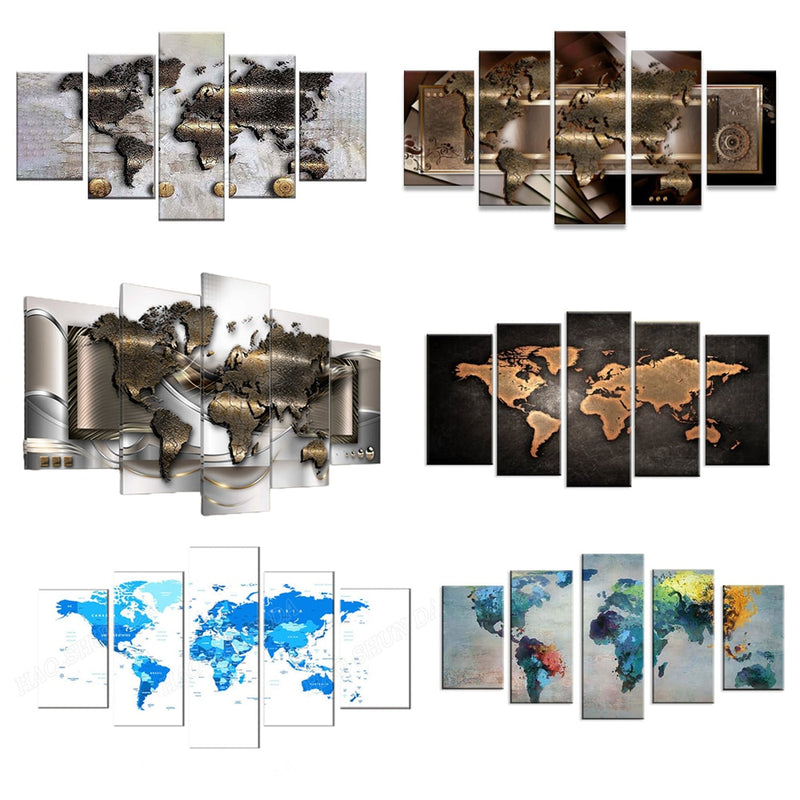 Canvasdoek - wereldkaart  - Schilderij - de wereld - Wereldkaart , zwart , beige , 5 delen Premium print voor slaapkamer en woonkamer, wanddecoratie