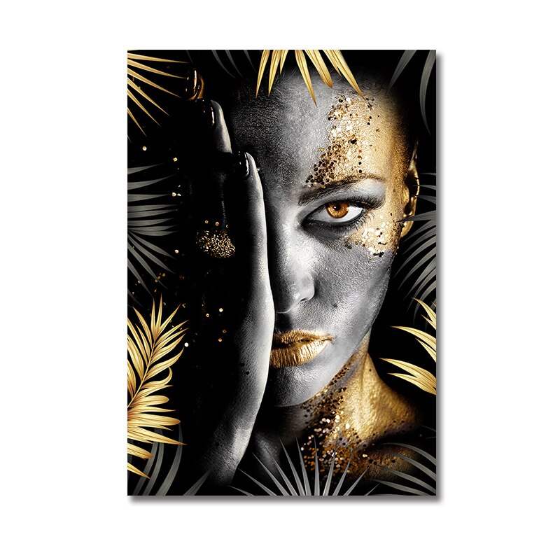 Goud en zwart Afrikaanse vrouw model canvasdoek schilderij poster