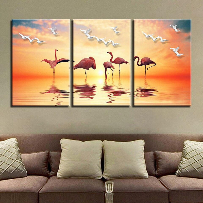Flamingo's en Meeuwen met Zonsondergang in Canvasdoek 3 Delen Korting