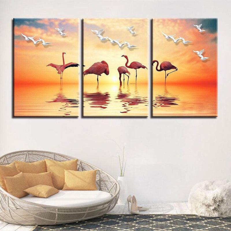 Flamingo's en Meeuwen met Zonsondergang in Canvasdoek 3 Delen Korting